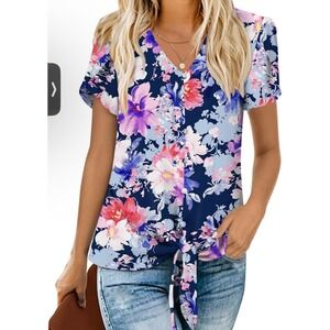 Addtoo Floral Tie Front Blouse Medium NWT Navy Blue Short Sleeve V Neck Top